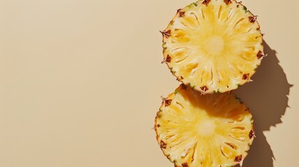 Wall Mural - Sliced pineapple halves on beige background, top view. Fresh tropical fruit concept