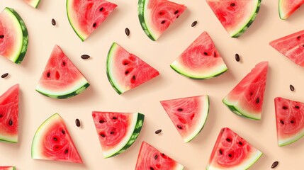 Sliced watermelon pattern on peach background, vibrant summer fruit concept