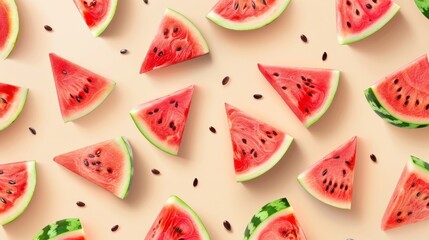 Wall Mural - Watermelon slices with seeds on a pastel background, vibrant summer fruit concept