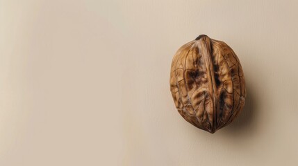 Wall Mural - A single walnut on beige background, minimalistic close-up. Healthy eating and superfoods concept