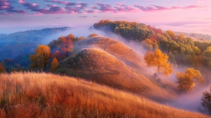 Wall Mural - Tall hill featuring vibrant trees and golden grass overlooking fog filled ravine under autumnal pink and blue sky