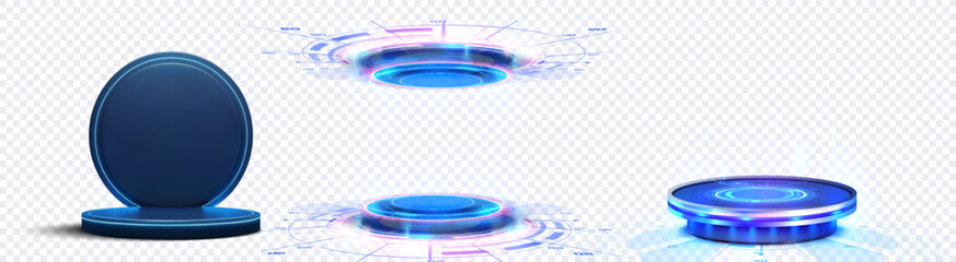 Poster - A set of futuristic HUD interface elements with a glowing blue design on a transparent background. These high-tech graphics are perfect for digital presentations. Blue glowing neon game portal.