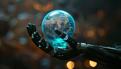 Wall Mural - A robot is holding a globe in its hand by AI generated image