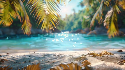 Wall Mural -  Beautiful tropical background with palm leaves and sand, closeup. Summer mock-up for presentation