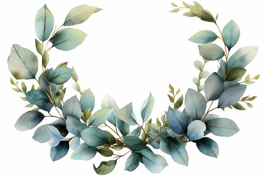 A vibrant green wreath composed of watercolor leaves, artistically isolated against a white background. This calming and natural design is perfect for decorative and seasonal uses.