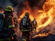© EVISUAL - Group of firefighters fighting a fire. Firefighters in Action: Teamwork and bravery conquer a raging inferno. generative AI