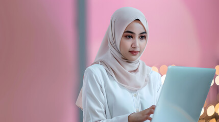 Wall Mural - young muslim woman looks in laptop beautiful girl in white suit