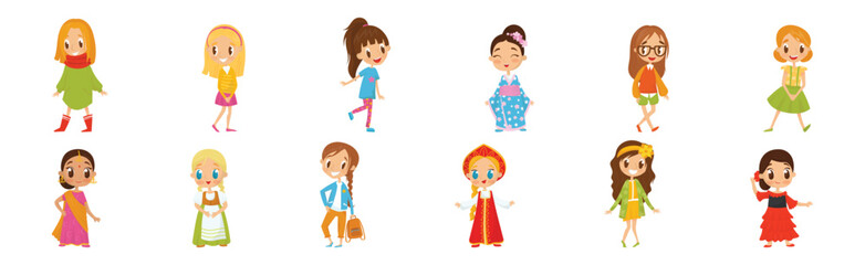 Wall Mural - Cute Girl Kid Dressed in Elegant Clothes Standing and Smiling Vector Set