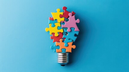 Wall Mural - Colorful puzzle pieces forming light bulb on blue background