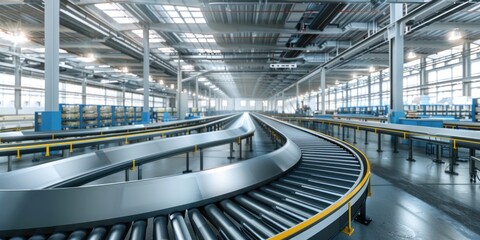 Interior of modern factory with empty conveyor system, production line