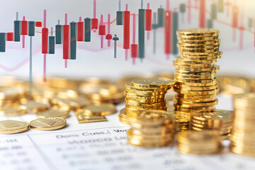 Gold Coins with Stock Market Chart Background