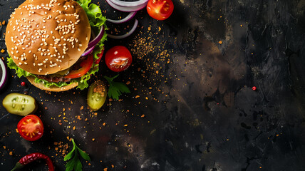 Wall Mural - Top view of a burger with sesame bun, surrounded by fresh ingredients like tomato slices, pickles, and onions on a dark surface.