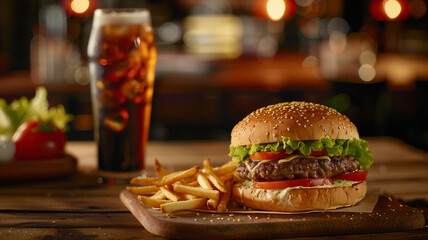 Wall Mural -  A burger with fries and a glass of soda on a wooden table in a cozy restaurant setting.