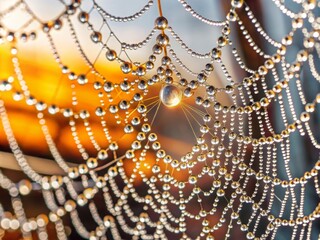 A high-resolution macro shot of dew drops on a spider web, glistening in the morning sunlight.