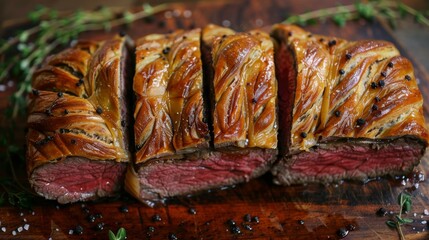 Gourmet beef wellington with pepper and herbs on a dark background.