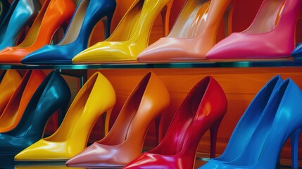 Shopping concept Colorful high heels are displayed in the store.