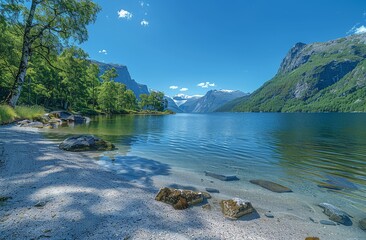 Wall Mural - Wide Angle View of Long Deep Fjord, Blue Water, Large Glacier Hanging in Background, Green Trees, Sand Beach Sides.