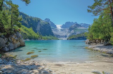 Wall Mural - Wide Angle View of Long Deep Fjord, Blue Water, Large Glacier Hanging in Background, Green Trees, Sand Beach Sides.