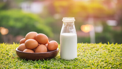 Wall Mural - Brown chicken eggs and glass bottle of fresh milk on green grass in garden. Organic farm product.