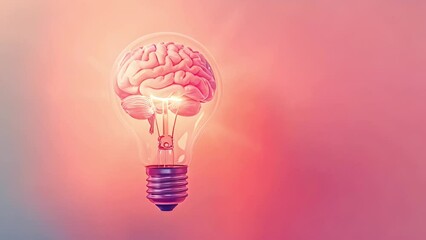 Wall Mural - Abstract light bulb with a brain inside on a pink gradient background