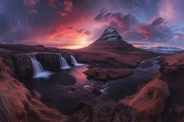 Wall Mural - Icelandic spring sunset  kirkjufell panorama captured in high quality landscape photography