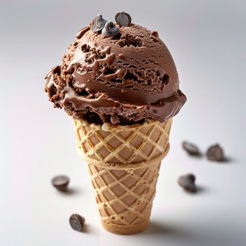 a sumptuous dessert, a classic chocolate ice cream in a crunchy ice cream cone, the smooth texture of the ice cream, the rich chocolate appearance makes it mouth watering