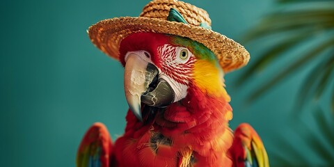 Colorful Macaw Wearing a Straw Hat with a Vibrant Background
