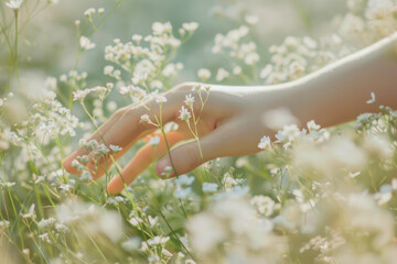 Canvas Print - A hand is reaching into a field of white flowers