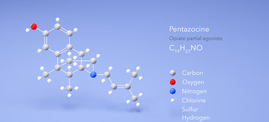 Wall Mural - pentazocine molecule, molecular structure, synthetic opioids, 3d model, Structural Chemical Formula and Atoms with Color Coding