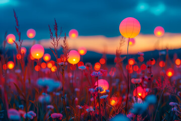 A field of flowers with many glowing lights in the middle
