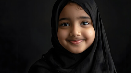Wall Mural - Close up portrait of little Muslim girl wearing black Hijab on black background, smiling at camera
