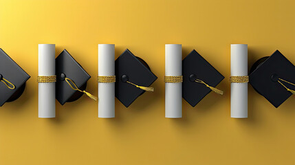 Wall Mural - Flat lay composition with graduation hat, students diploma, gold tinsel on yellow background. Graduation party concept.