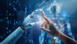 © chartchai - A hand is touching a robot's hand, symbolizing the merging of human and machine by AI generated image