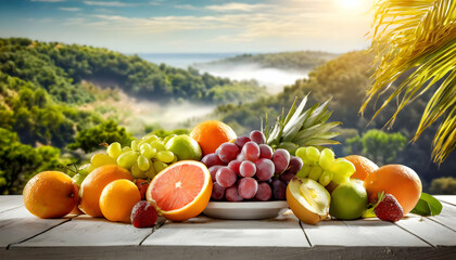 still life with fruit.fresh fruits on a white wooden desk, set against a picturesque summer landscape. The image should evoke a sense of vitality and enjoyment, perfect for health and wellness campaig