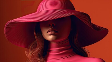 Wall Mural - A 3D paper cut image features a stunning silhouette of a young girl wearing a big, curvy hat that partially covers her face, all in pink 8K ,  