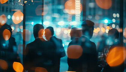 Canvas Print - A blurry image of people walking in a city with a bright, colorful background by AI generated image