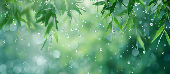 Poster - Abstract green background with willow leaves hanging from above, blurred drops and bokeh in the foreground.