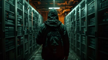 Wall Mural - A person walks down a narrow aisle in a server room, their face obscured by a hooded jacket. The room is dimly lit, with rows of servers on either side.