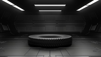 Wall Mural - A black car tire in the center of the room.  An empty 3d showcase for displaying goods.