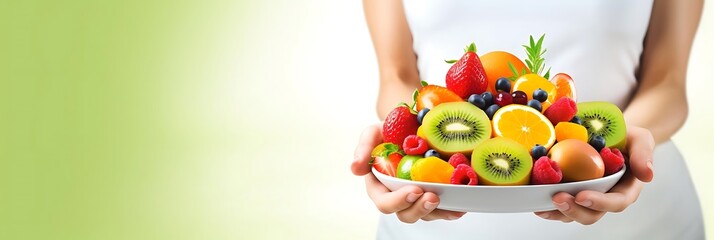 Wall Mural - healthy weight management a person holds a white bowl filled with a variety of fruits, including red strawberries, green kiwis, and oranges, while wearing a white dress