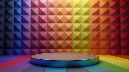 Wall Mural - Round podium, multicolored background.  The rainbow spectrum. An empty showcase for displaying goods. 3D rendering.