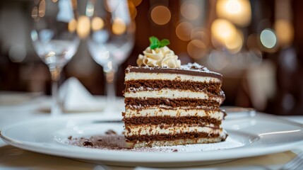 Culinary delights layered cake slice topped with chocolate whipped cream and dulce de leche on a plate or dish with a spoon