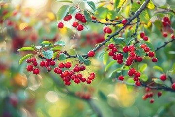 Wall Mural - Red Berries on a Branch with Green Leaves