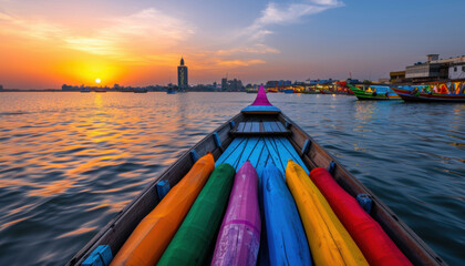 A colorful boat with a rainbow of colors is floating on a lake