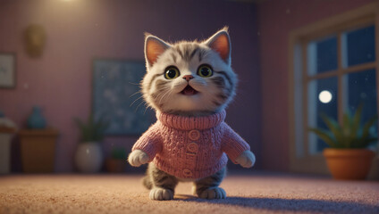 Cute small kitten wearing knitted sweater cloth, Generative AI 3D art