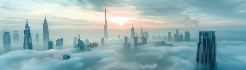 A city skyline is shown with a foggy atmosphere. The buildings are tall and the sky is cloudy