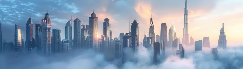 a city skyline is shown with a foggy atmosphere. the buildings are tall and the sky is cloudy
