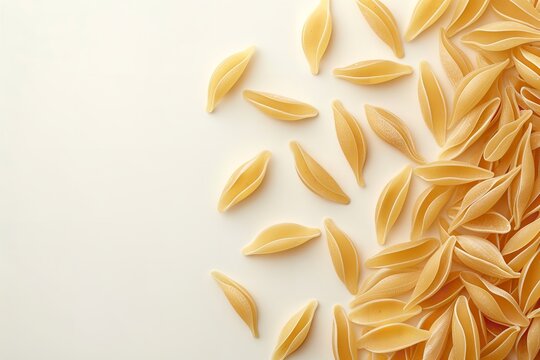 In-depth of an array of dried olive leaf pasta with a white setting, depicting uncooked pasta and appealing, nourishing cuisine that elevates the soul and space, Generative AI.