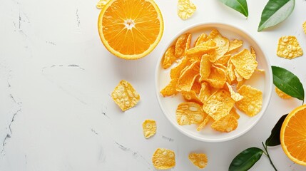 Wall Mural - Healthy breakfast concept with corn flakes milk and orange in a white bowl top view