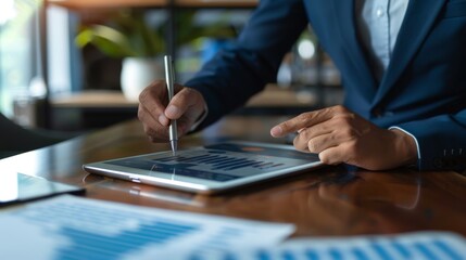 Fototapete - A businessman analyzing financial data on a tablet, with graphs and charts illustrating investment performance